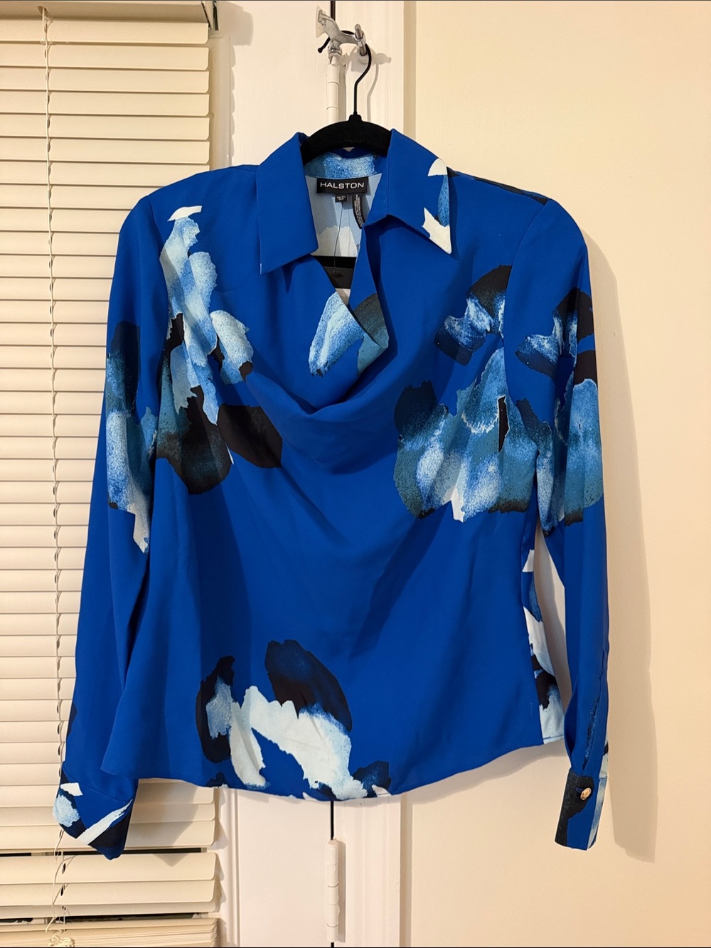 Halston Blue Floral Cowl-Neck Blouse